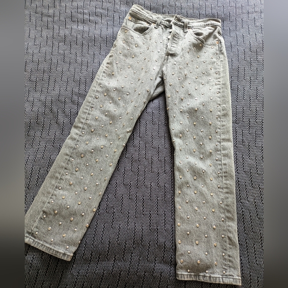 Levi's Rhinestone Hi-Rise Straight Leg Grey Jeans Sz 26 - Picture 11 of 16